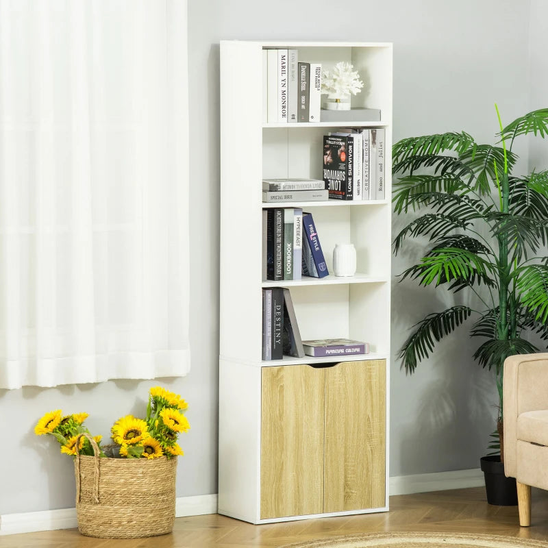 6-Tier White and Oak Bookcase with Double Door Cabinet