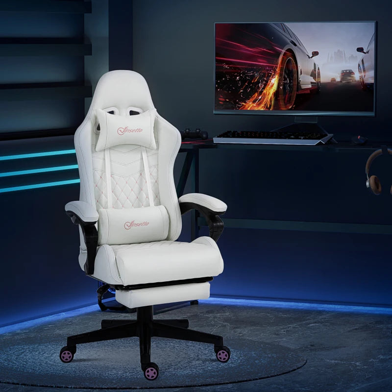 White Racing Gaming Chair with Swivel Wheel & Footrest