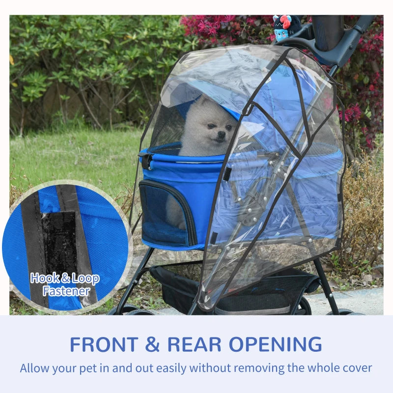 Blue Dog Stroller with Rain Cover and Safety Features