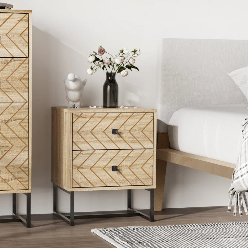 Modern Two-Drawer Nightstand with Zig Zag Design, Natural Finish