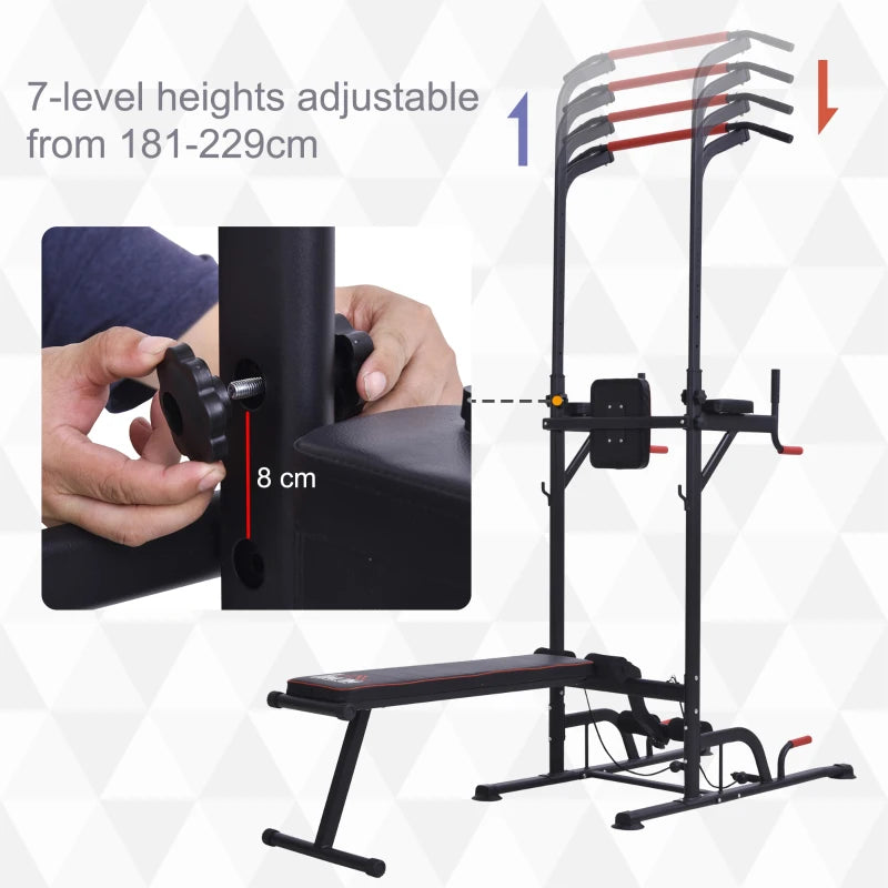 Black Multifunction Home Workout Power Tower with Sit-up Bench and Push-up Bars