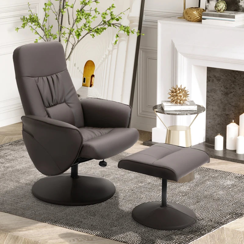 Brown High Back Recliner Chair with Footstool - Executive Lounge Armchair