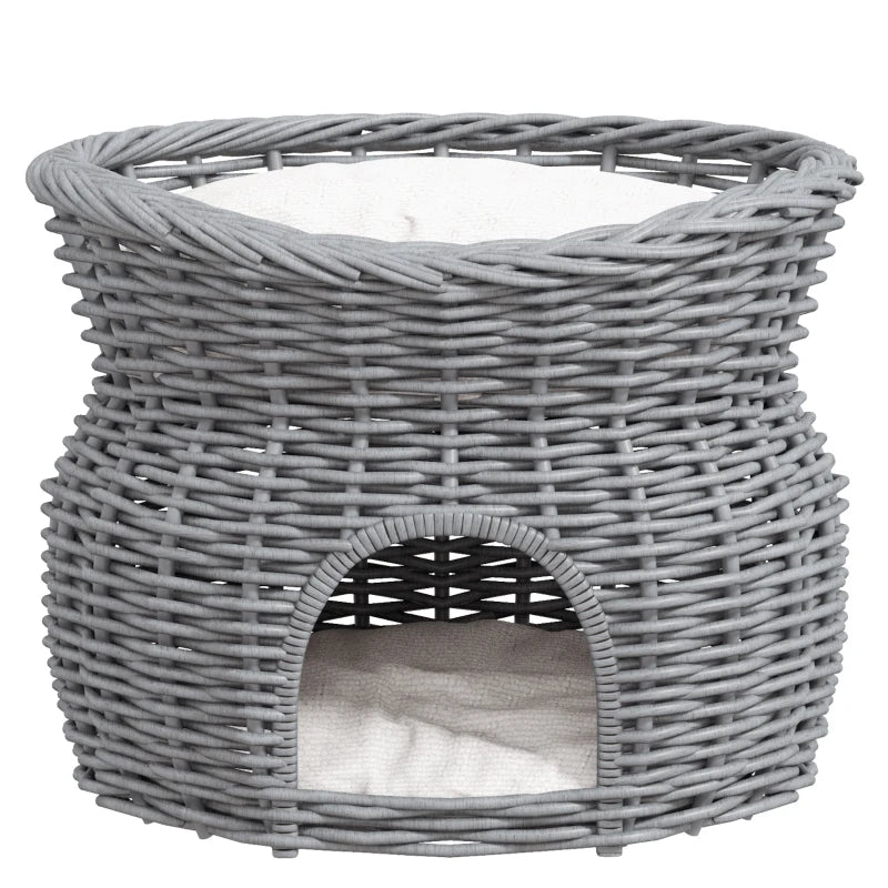 Grey Wicker 2-Tier Cat House Bed with Washable Cushions