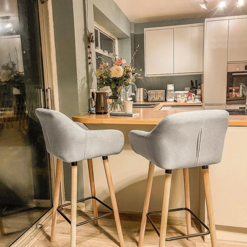 Beige Upholstered Bar Stools Set of 2 - Modern Metal Frame, Solid Wood Legs