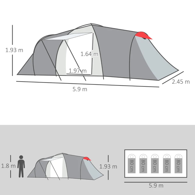 4-Person Tunnel Camping Tent with 2 Bedrooms and Living Room - Grey/Red