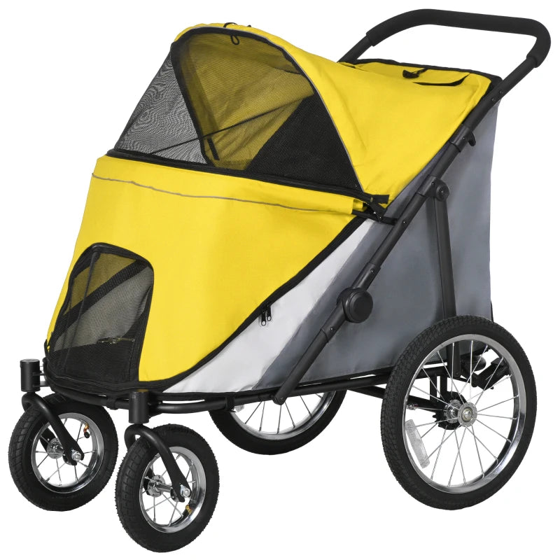 Yellow Foldable Pet Stroller with Washable Cushion & Storage Bags