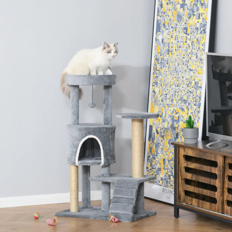 Cat Tree Tower with Scratching Posts and Perch - Light Grey