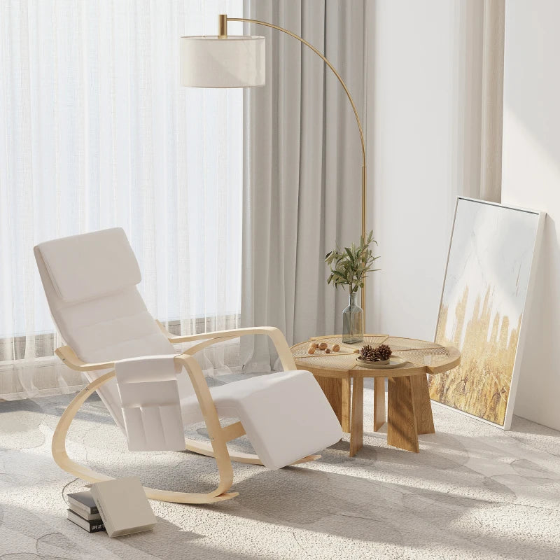 Adjustable Rocking Lounge Chair with Footrest and Pocket - Cream White