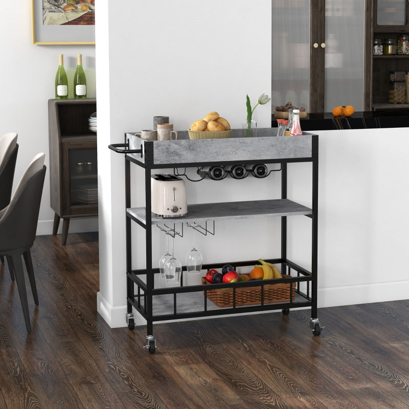 3-Tier Grey Kitchen Cart with Storage Shelves, Wine Racks, and Glass Holders