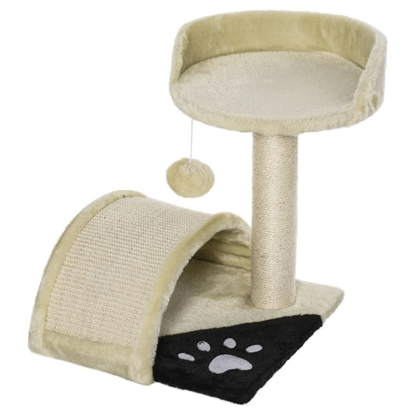 Beige Cat Tree Scratching Post with Hanging Ball