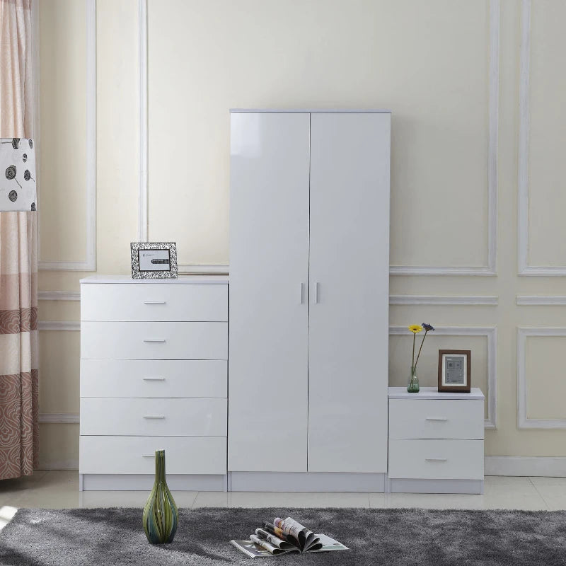 White High Gloss 3-Piece Bedroom Furniture Set: Wardrobe, Chest of Drawers, Bedside