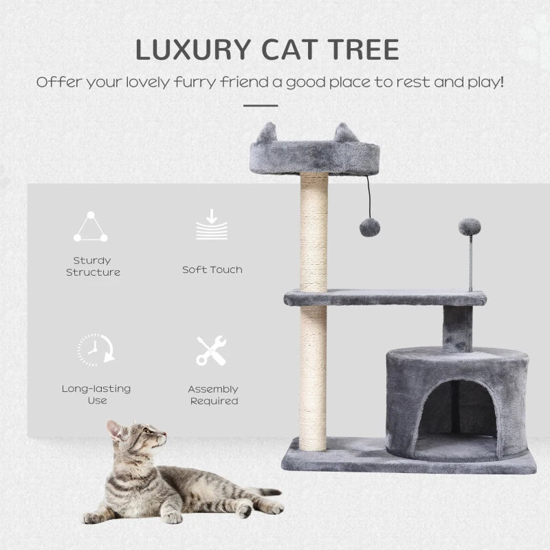 Grey Cat Tree Condo with Scratching Post and Perch, 60x40x81 cm