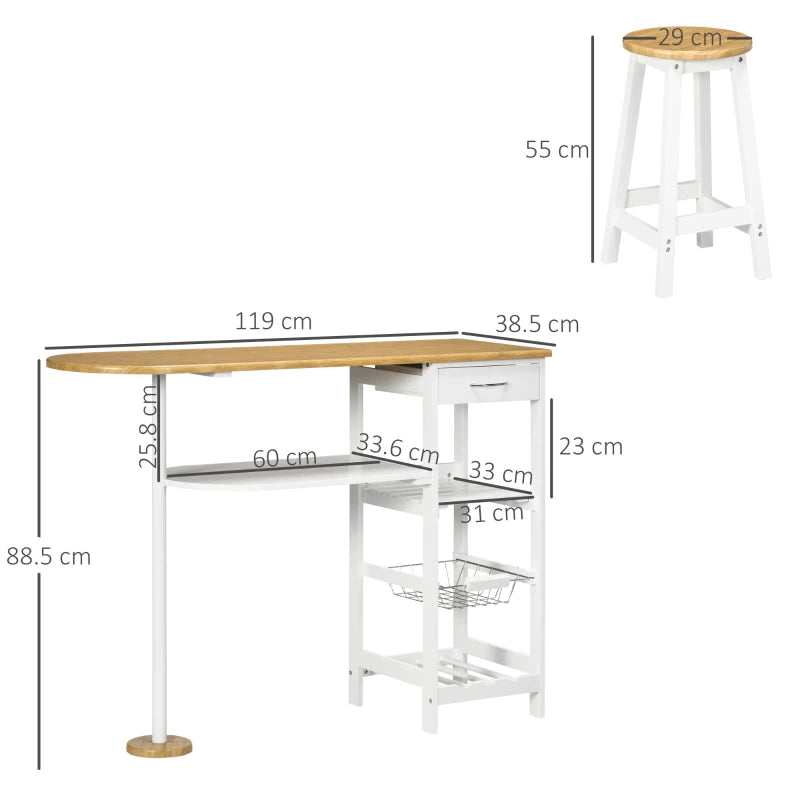 3 Piece Breakfast Bar Table Set with Storage - Natural & White