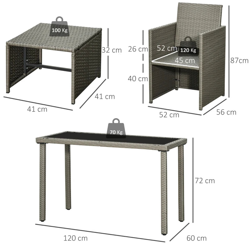 5-Piece Grey Rattan Dining Set with Cushioned Armchairs and Glass Table