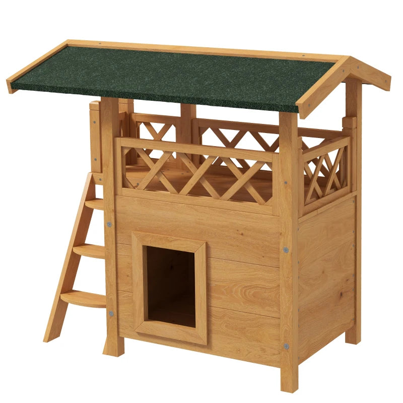 Outdoor Cat House with Balcony and Stairs, Natural Wood Finish, 77 x 50 x 73 cm