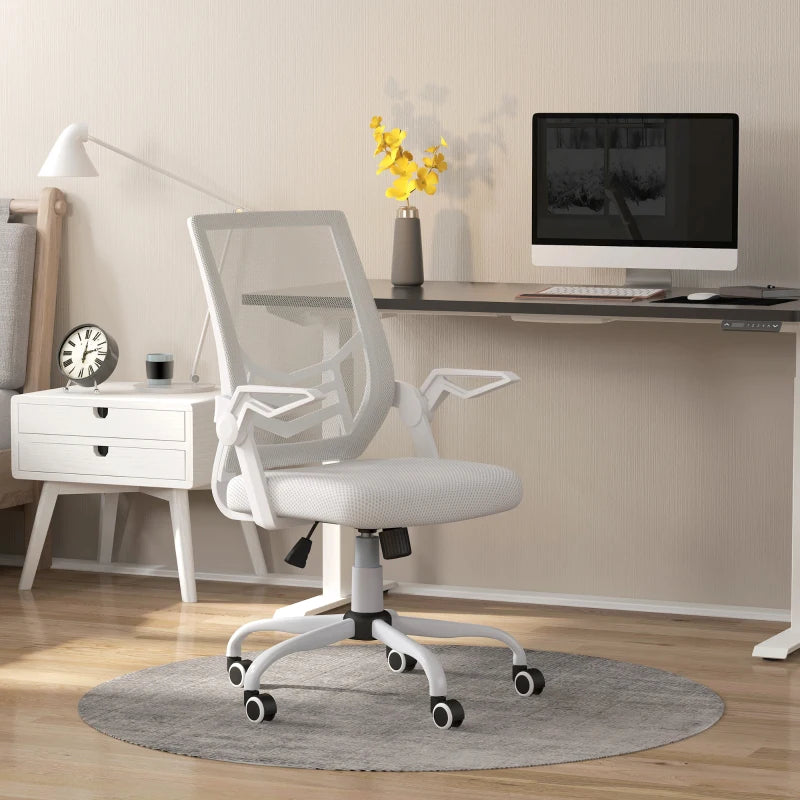 White Mesh Office Chair with Flip-up Armrests and Lumbar Support