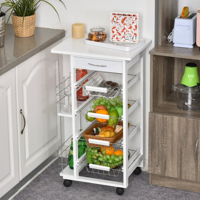 White Rolling Kitchen Cart with 4 Basket Drawers & Side Racks