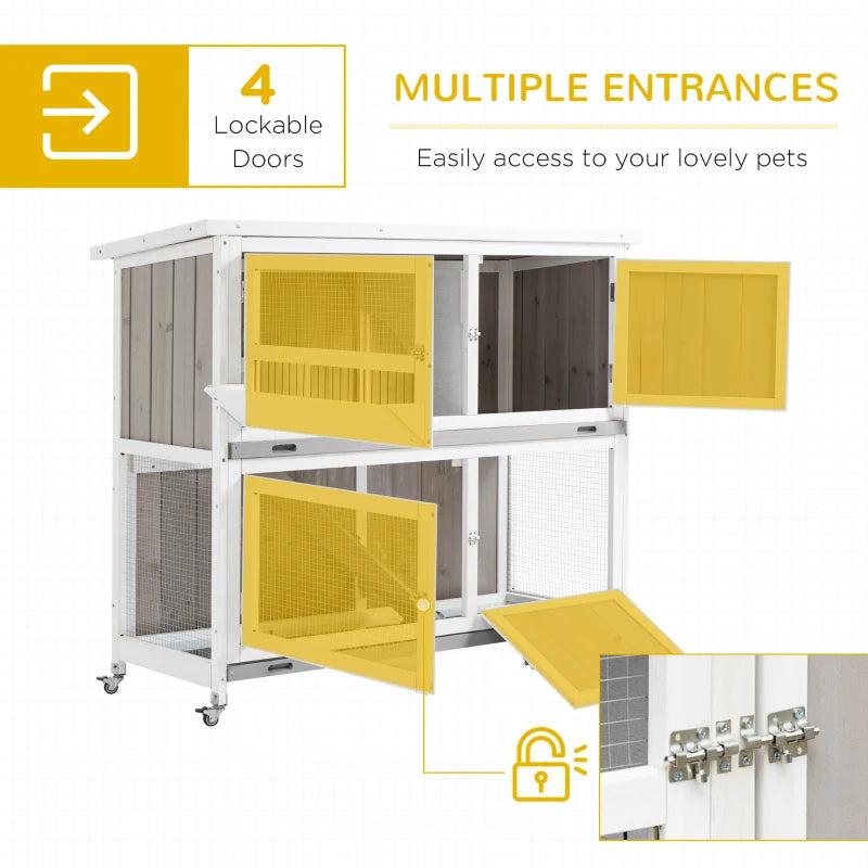 Grey Wooden Rabbit Hutch with Rain Cover and Wheels, 122x50x100cm