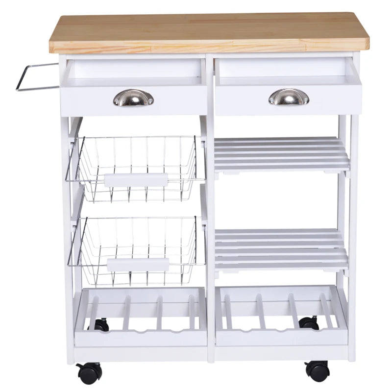 White Rolling Kitchen Island Cart with Drawers, Shelves, Basket, Wine Rack & Wheels