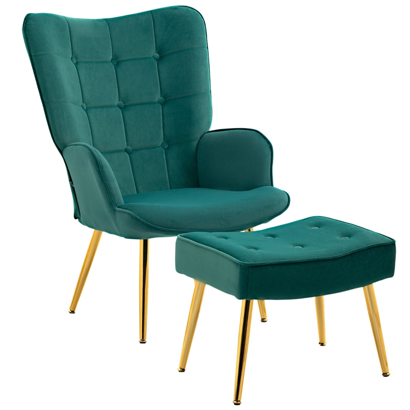 Dark Green Velvet Armchair with Ottoman and Steel Legs