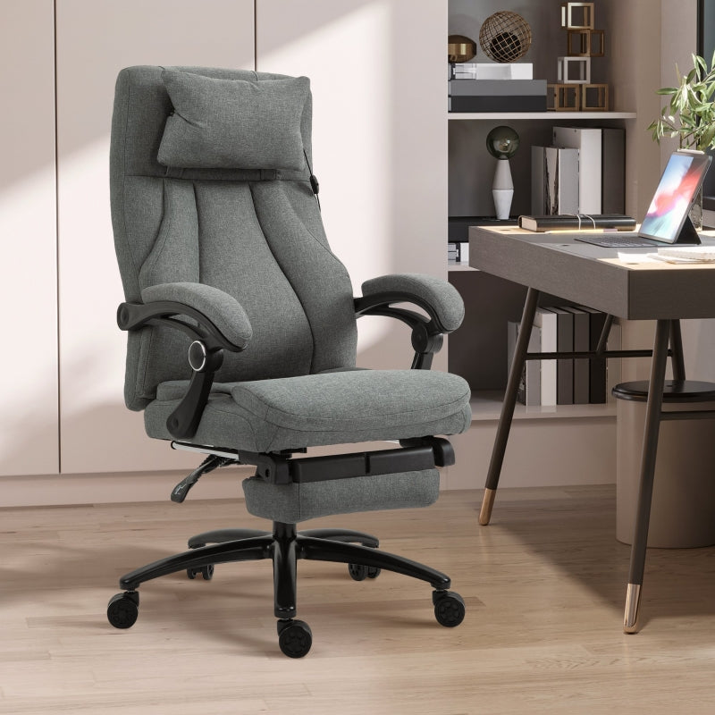 Grey Fabric Office Chair with Massage Pillow, USB Power, Footrest - High Back, 360° Swivel