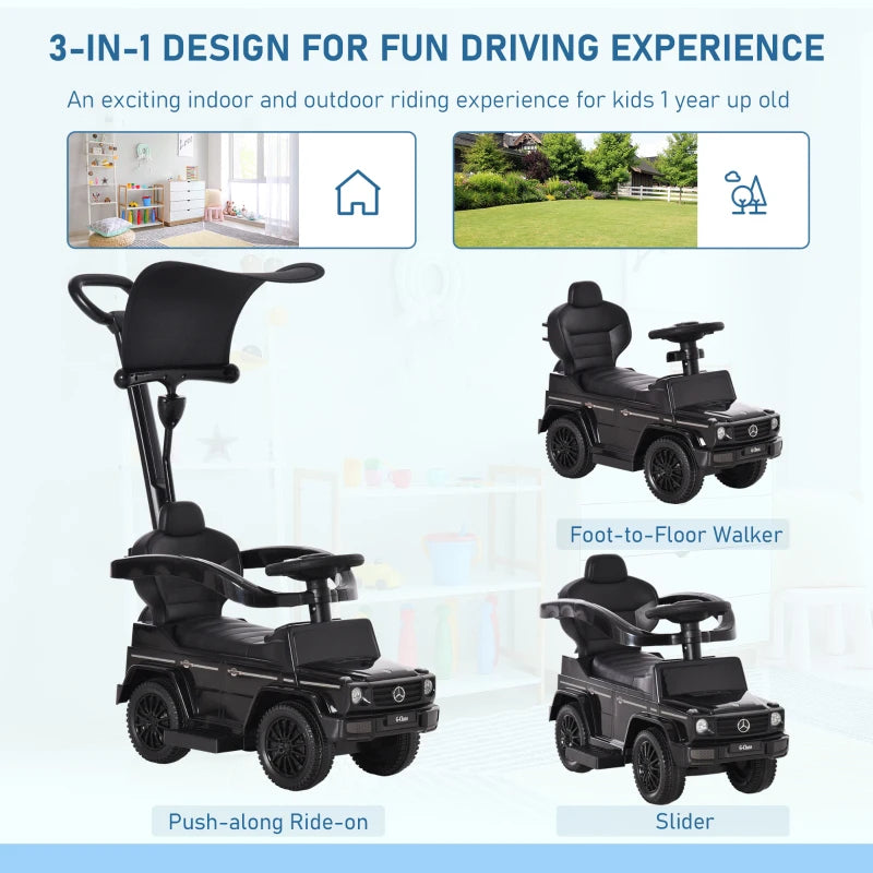 Black 3-in-1 Kids Ride-On Push Car with Horn and Steering Wheel