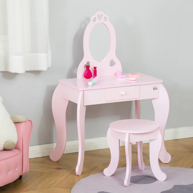 Kids Pink Vanity Table & Stool Set with Mirror - Dressing Play Desk