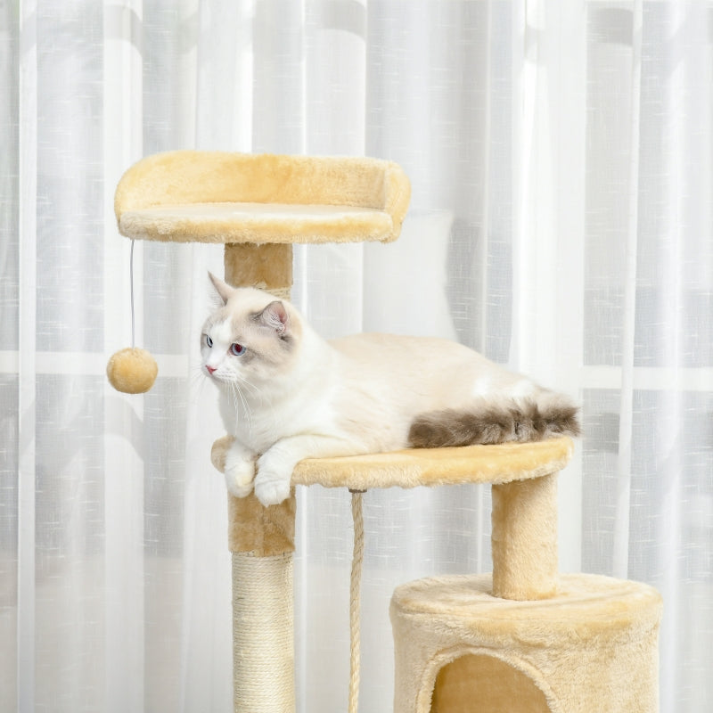 Beige Cat Tree Condo with Toys - 4-tier 114cm Tall