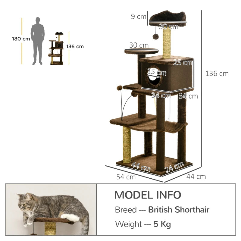 Modern Brown Cat Tree with Scratching Posts and Toy Ball