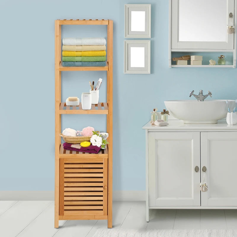 White Tall Bathroom Storage Cabinet, 140cm Freestanding Unit with 3 Shelves