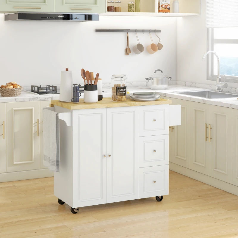 White Drop-Leaf Kitchen Island Cart with Drawers & Cabinet