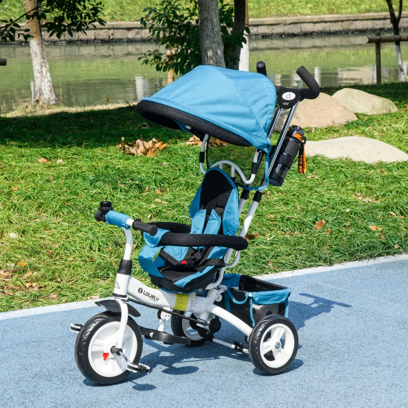 Blue 6-in-1 Kids Trike with Push Handle, Canopy, Safety Belt, Storage, Footrest, Brake