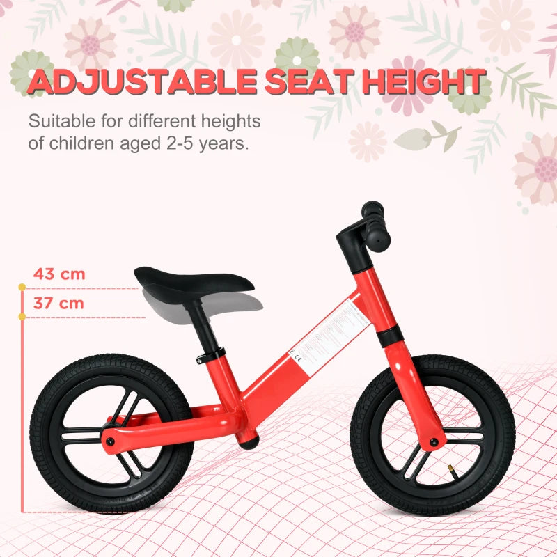 Red 12" Balance Bike for Kids - Adjustable Seat, 360° Rotation Handlebars