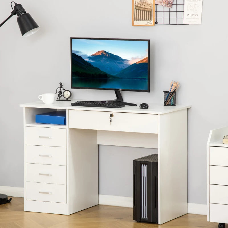 White Computer Desk with Lockable Drawer and Storage Shelf, 110 x 50 x 76 cm