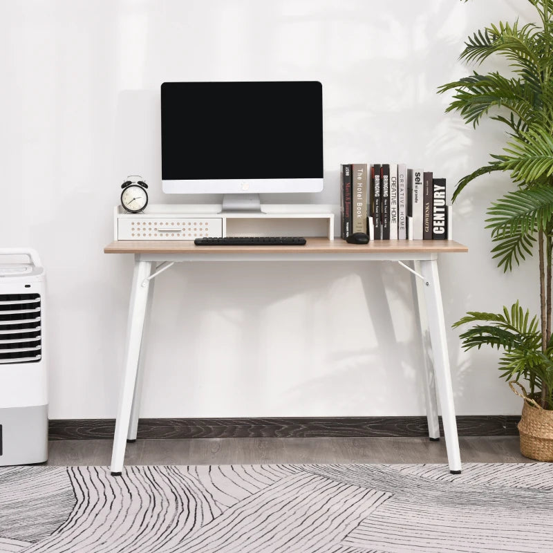 White Compact Computer Desk with Monitor Stand and Storage