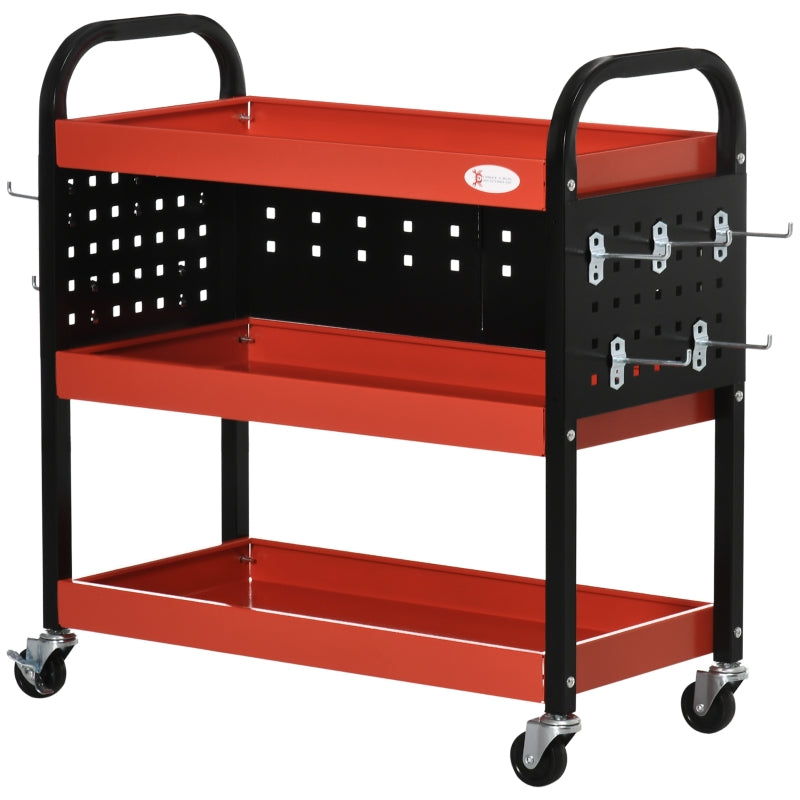 Red 3 Tier Tool Cart Storage Trolley with 10 Hooks - 100 kg Capacity