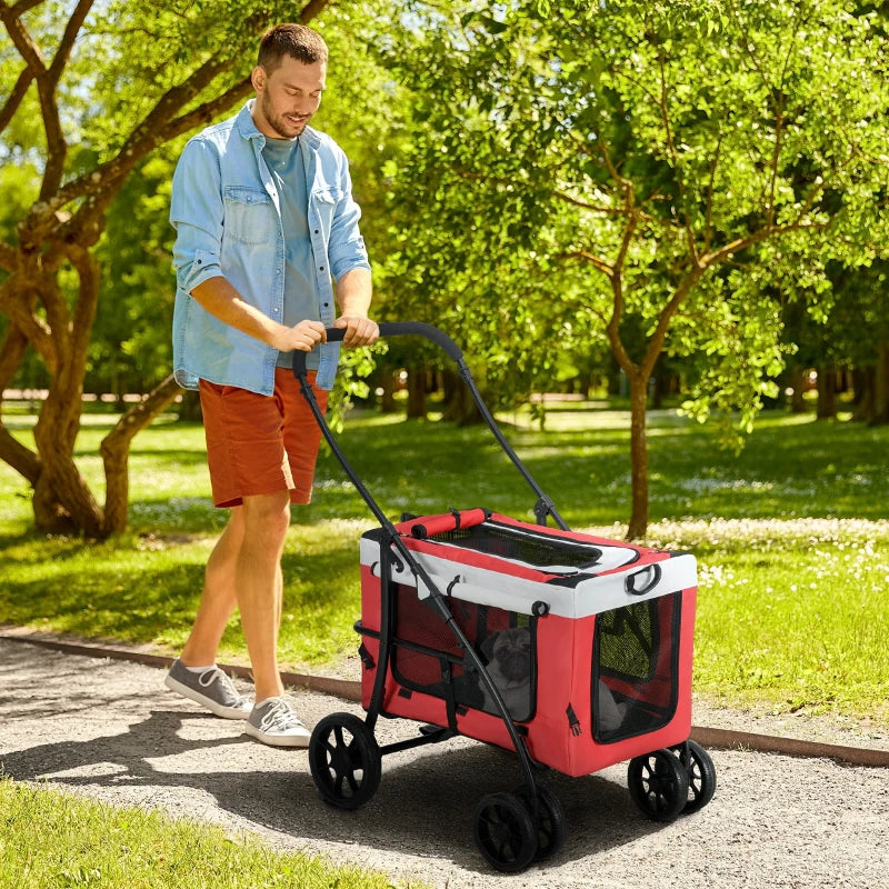 Red Foldable Dog Stroller with Detachable Carrier for Mini Dogs