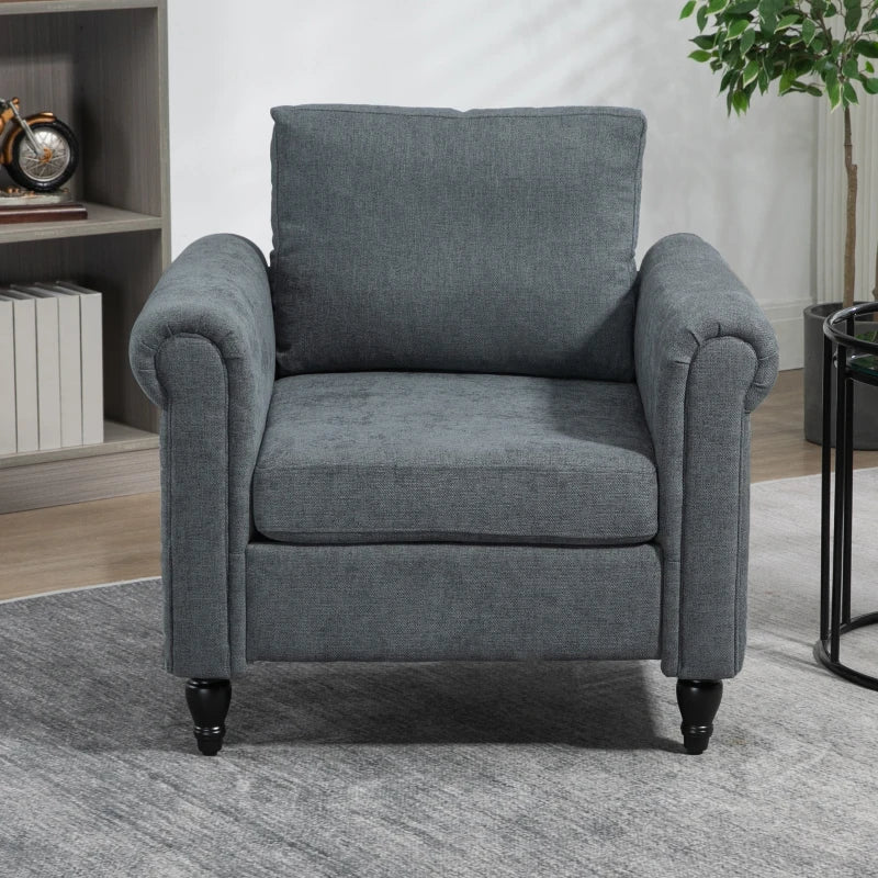 Grey Upholstered Accent Chair with Rolled Arms and Back Pillow