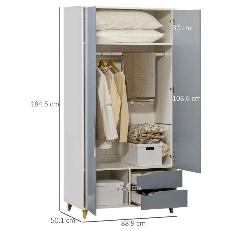 Grey Wardrobe with 2 Doors, 2 Drawers, Hanging Rail, Shelves - Bedroom Clothes Storage 89x50x185cm