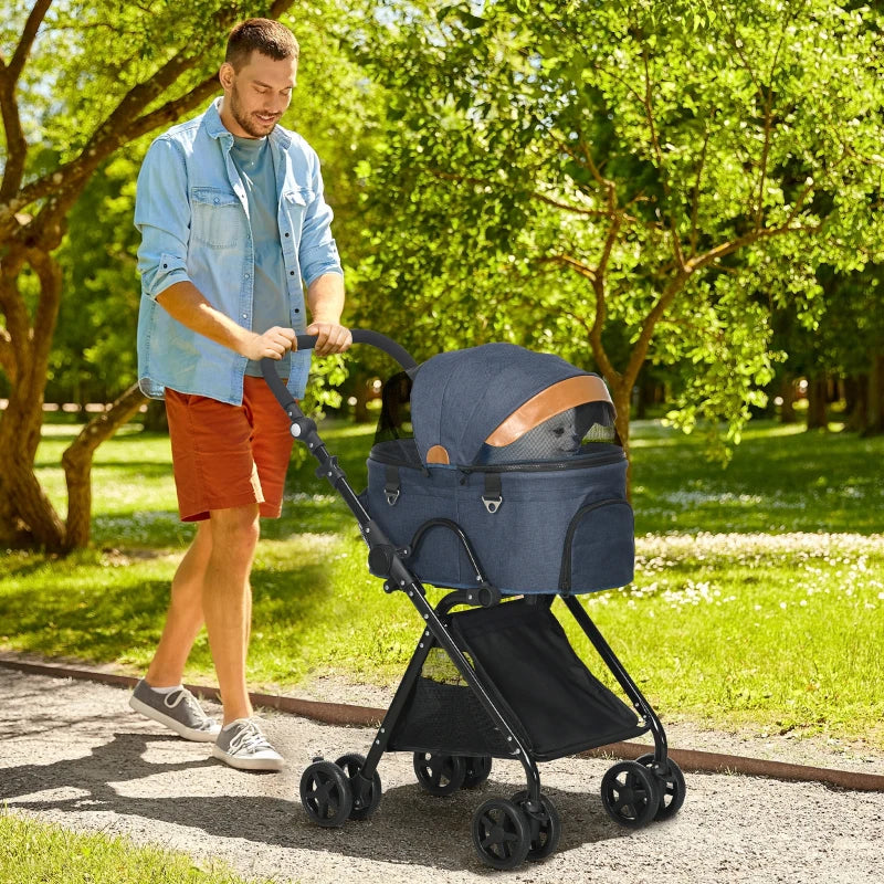 Blue Pet Stroller with Canopy and Storage Basket