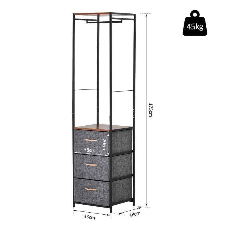 Grey Coat Rack with 3 Drawers - Steel Frame Storage Organizer