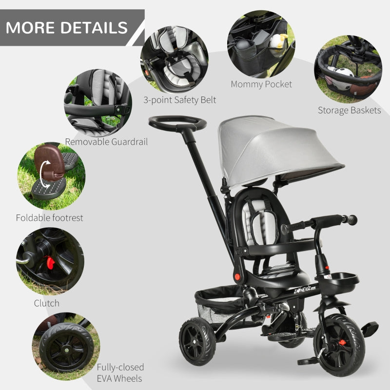 Grey 4-in-1 Kids Trike with Adjustable Seat & Canopy