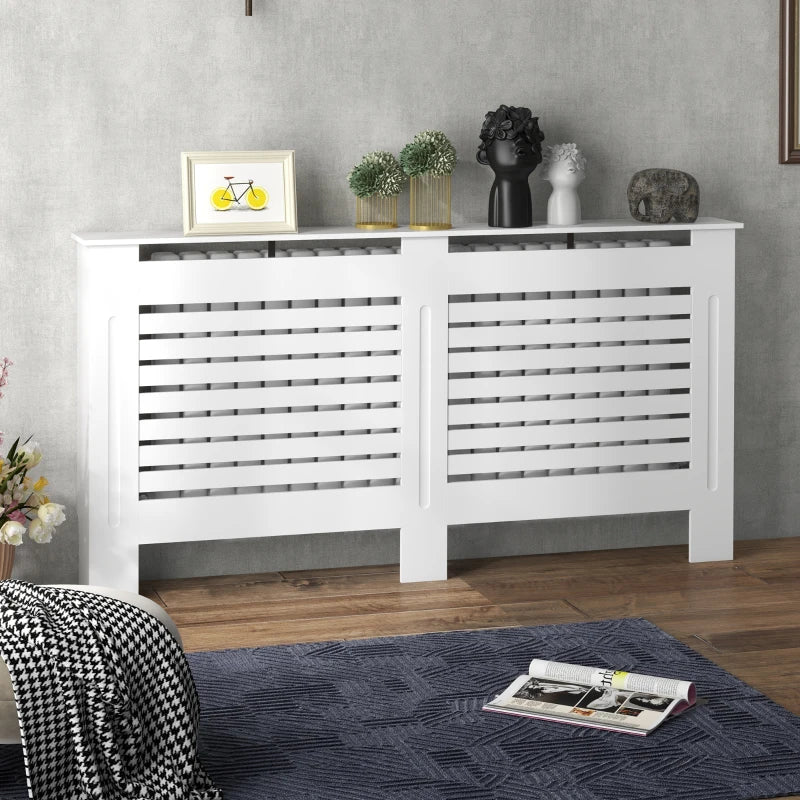 White Modern Radiator Cover with Horizontal Slats, 152 x 19 x 81 cm