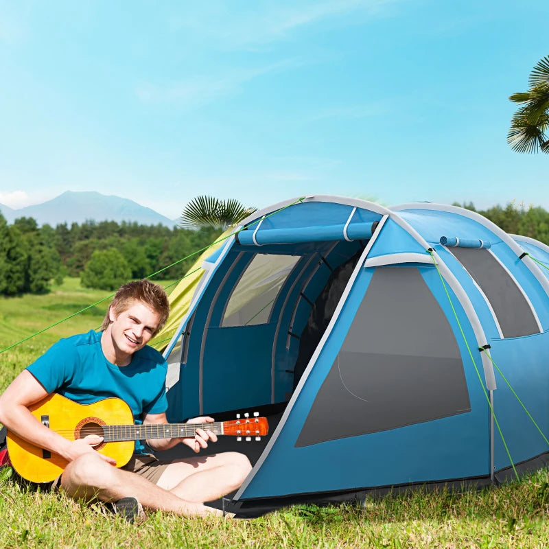 Blue 3-4 Person Tunnel Camping Tent with Windows and Covers