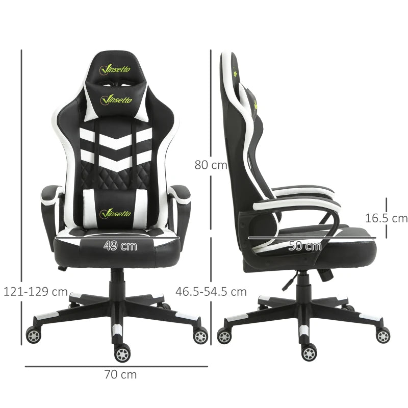 Black White Gaming Chair with Lumbar Support and Swivel Wheels