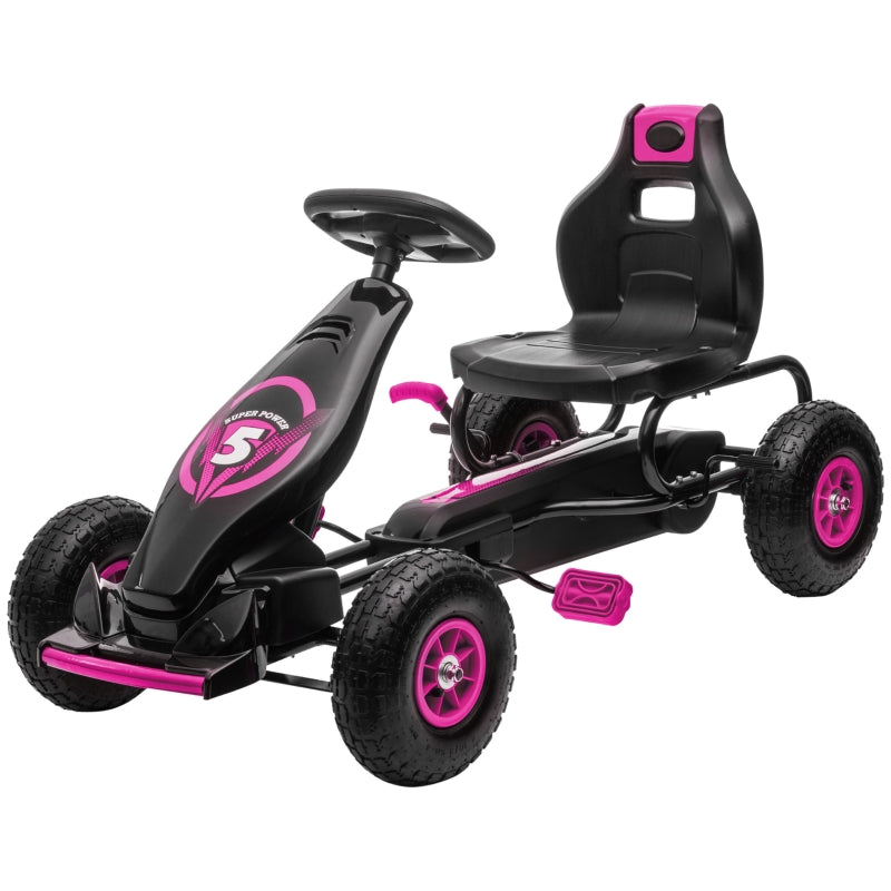 Kids Pink Pedal Go Kart with Adjustable Seat and Inflatable Tyres