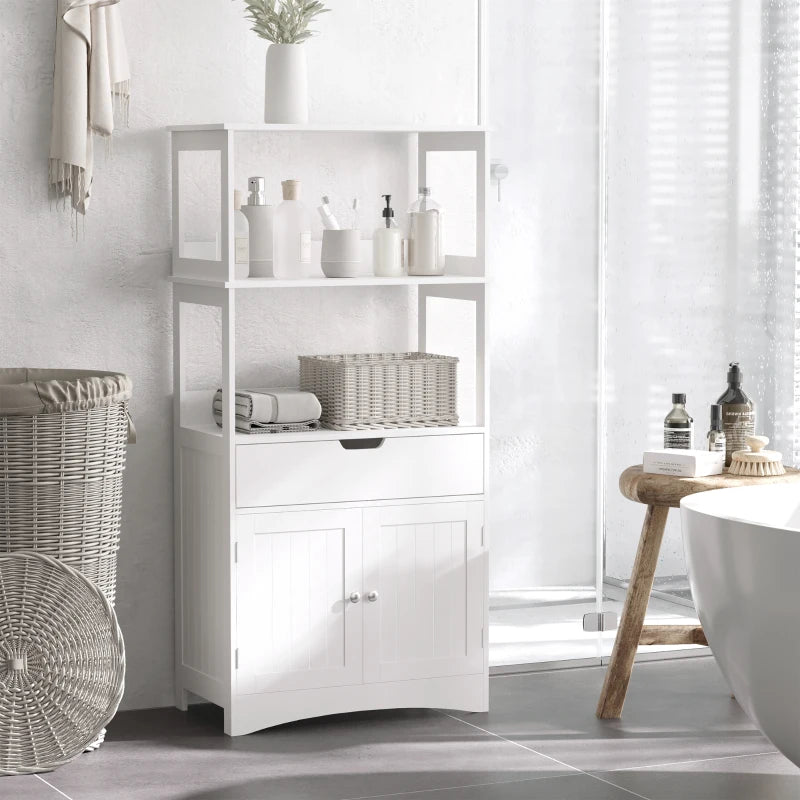 White Bathroom Floor Cabinet with Shelves, Drawer, and Doors