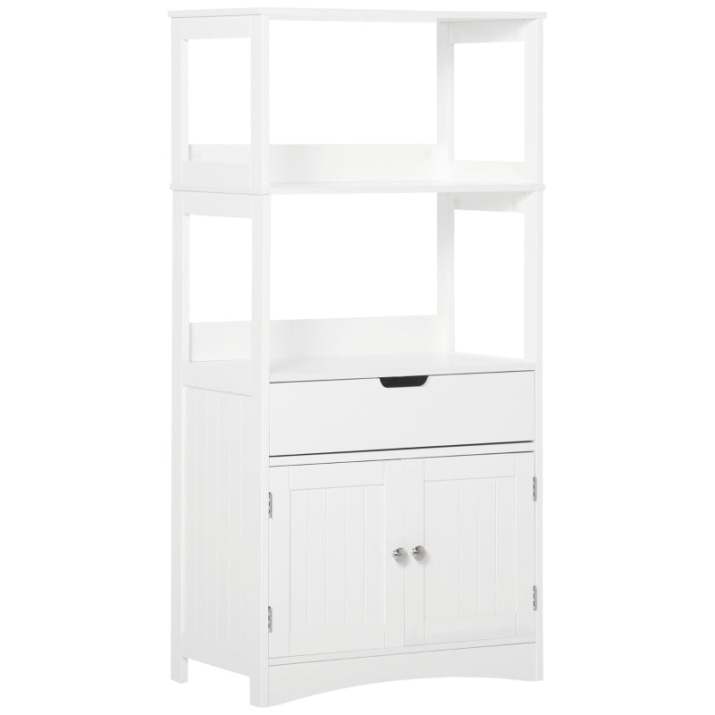 White Bathroom Floor Cabinet with Shelves, Drawer, and Doors