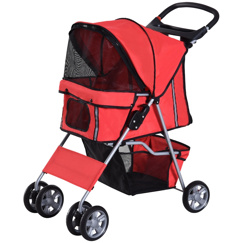 Red Pet Stroller for Small Pets - Foldable Travel Carriage with Wheels