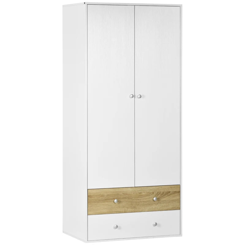 White 2-Door Wardrobe with Drawers and Hanging Rod for Bedroom Storage